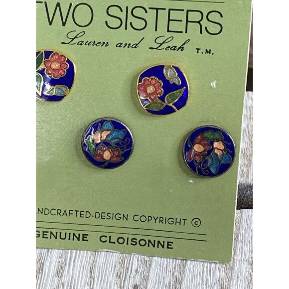 VTG Set 2Cloisonné Earrings Two Sisters Floral Open Work Stud On Card Deadstock - Picture 1 of 7